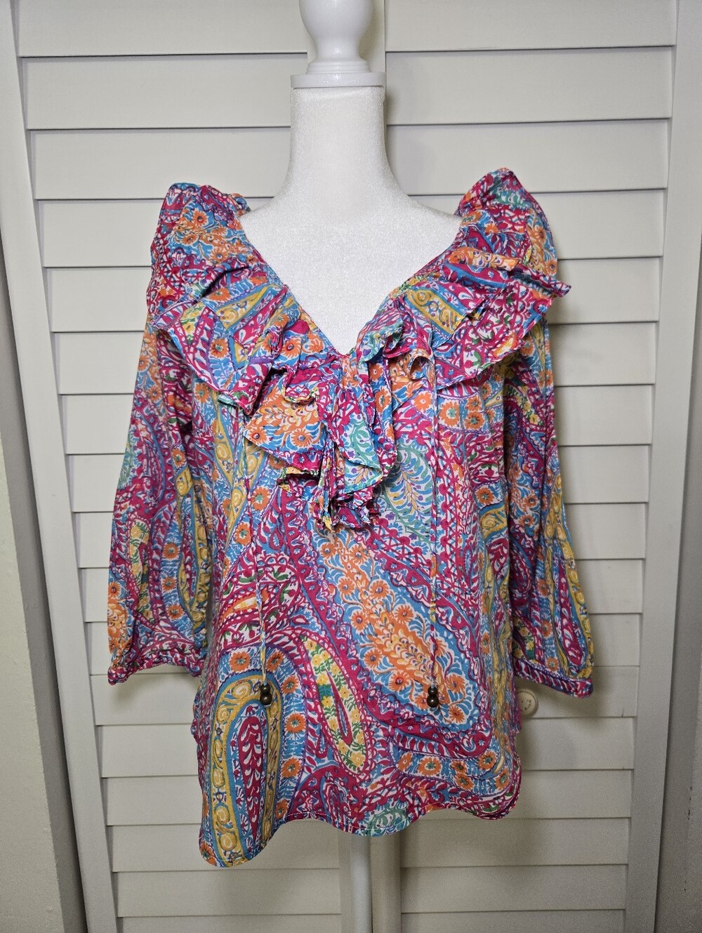 Ralph LaurenRuffled V‑Neck Paisley Print Women's Top - Pink Multicolor Size PS
